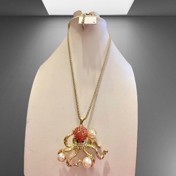 Betsey Johnson Pink Rhinestone Faux Pearl Octopus Necklace - Picture 8 of 9
